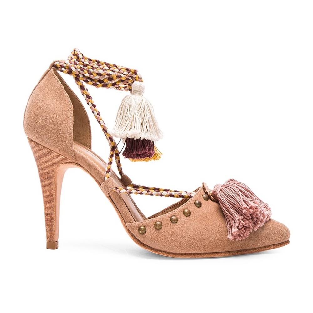 ULLA JOHNSON Valentina Heels Taupe Suede Tassel Detail Shoes